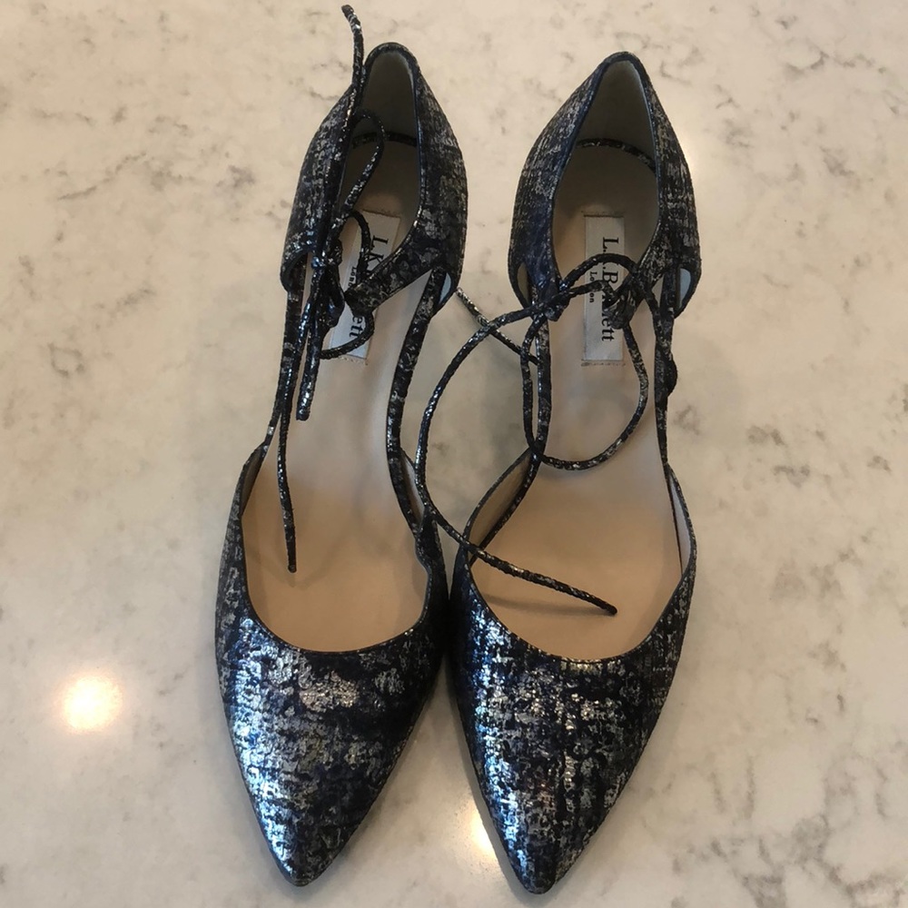LK Bennett Metallic Black Silver Lace-Up Pointed Toe Heels